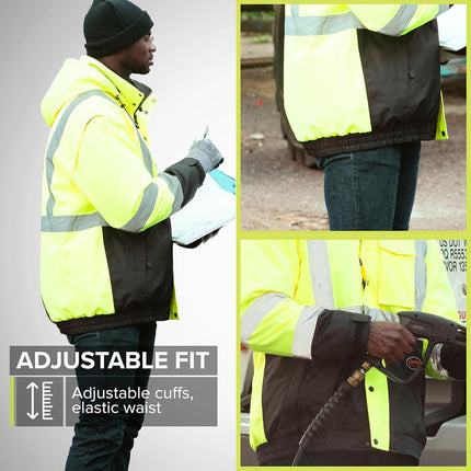 Pioneer Hi Vis 5-in-1 Waterproof Safety Jacket for Men - Convertible to Vest & Black Fleece - Rated to -8°F - ANSI Class 3
