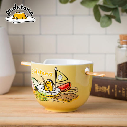 Silver Buffalo Sanrio Hello Kitty and Friends Gudetama Lazy Egg Sailing in Ramen Ceramic Ramen Noodle Rice Bowl with Chopsticks, Microwave Safe, 20 Ounces