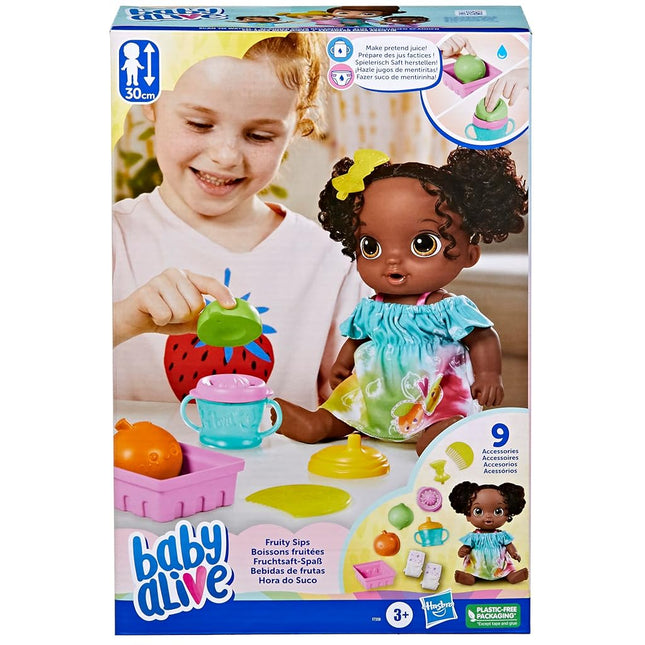 Baby Alive Fruity Sips Doll, Lime, Pretend Juicer Baby Doll Set, Drinks & Wets, Toy for Kids 3 and Up, Black Hair