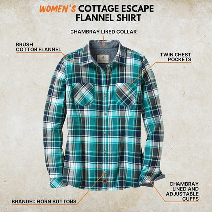 Legendary Whitetails Women's Standard Cottage Escape Flannel Shirt, Turquoise Pacific Plaid, Small