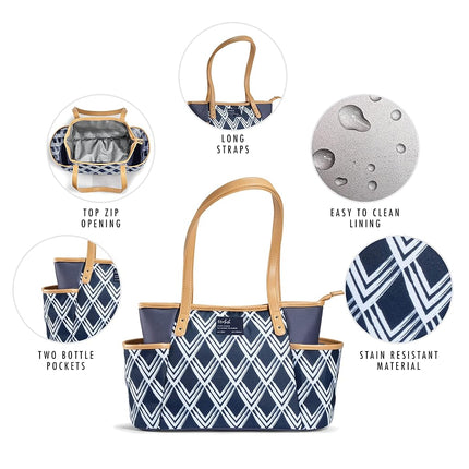 Bolsa de almuerzo aislada Navarto de Fit & Fresh para adultos con bolsillos laterales y asas de transporte, kit completo de almuerzo que incluye vaso a juego y recipiente de comida reutilizable, azul marino