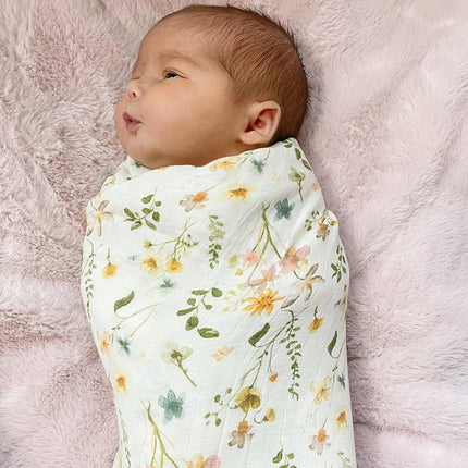 LifeTree Newborn Swaddle Set with Matching Hat and Bow, Wooden Birth Announcement Card, Baby Girl Newborn Receiving Blanket Baby Floral Motif Nursery Swaddle Wrap
