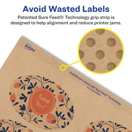 Avery Kraft Brown Oval Scalloped Labels with Sure Feed, 2" x 3", 400 Kraft Brown Labels, Print-to-The-Edge, Laser/Inkjet Printable Labels