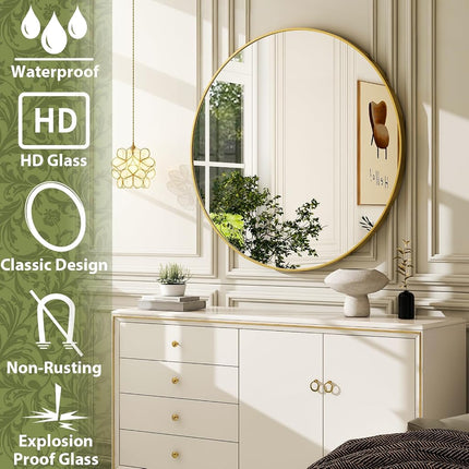 EASLY 24 Inch Round Mirror, Gold Metal Frame Wall Mirror for Bathroom