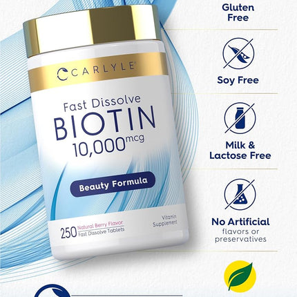 Carlyle Biotin 10000mcg | 250 Fast Dissolve Tablets | Max Strength