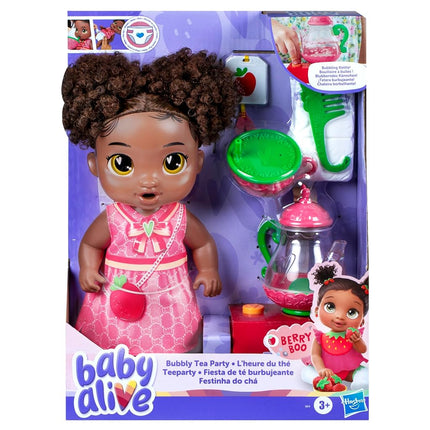 Baby Alive Bubbly Tea Party Berry Boo Doll with Teapot Accessories, Black Hair, 11 Inch Toy for 3 Year Old Girls and Boys & Up