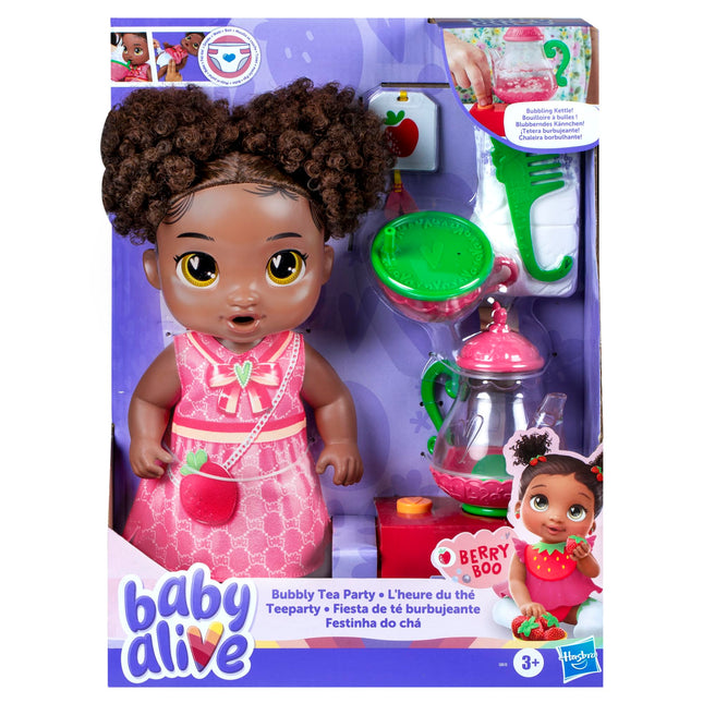 Baby Alive Poupée Berry Boo « Fête du Thé pétillante » avec accessoires théière, cheveux noirs, jouet de 28 cm pour les filles et les garçons de 3 ans et plus