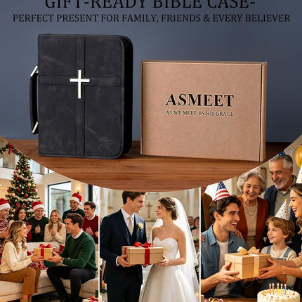 Vegan Leather Bible Cover for Men & Women, Bible Case with Gift Box, Christian Catholic Religious Bible Gifts (Black)