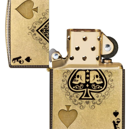 Zippo Windproof Lighter - Ace of Spades Design, 540° Tumbled Brass, Lustre/Fusion - Refillable - Reusable - Windproof Design - Gift Box - Made in USA