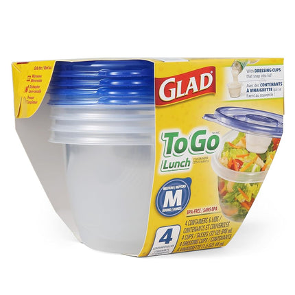 Glad GladWare To Go Lunch Food Storage Containers - Medium Round - Meal Container Holds up to 32 Ounces of Food - Lock Tight Seal, 4 Count