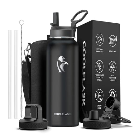 Half Gallon Insulated Water Bottle with Straw & 3 Lids, Coolflask 64 oz Water Jug Large Metal Stainless Steel Wide Mouth for Sports, Gym or Office, Non-BPA Keep Cold 48H Hot 24H, Piano Night