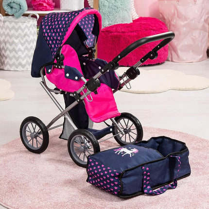 Bayer Design 13654AA City Star in modern unicorn design, combi pram, with removable carrycot and shoulder bag, with adjustable handle, for dolls up to 46cm, blue pink