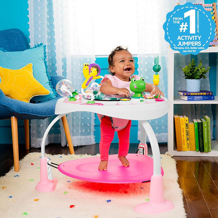 Bright Starts, Bounce Bounce Baby 2-in-1 Activity Center Jumper and Table - Playful Palms with 7 Interactive Toys, Adjustable Height, Storage Bag, 360° Rotation, Ages 6 Months +, Pink