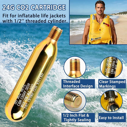 4 Pack 24g 1/2" CO2 Reset Cylinder Replacement Thread CO2 Cartridges for Inflatable Jackets, Life Jackets, Personal Flotation Belt, Accessories