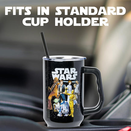 Silver Buffalo Star Wars Stainless Steel Tumbler with Handle and Straw - Chewbacca Yoda R2-D2 C-3PO Princess Leia Han Solo Luke Skywalker Fits in Standard Cup Holders 40oz