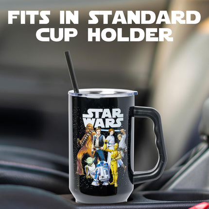 Silver Buffalo Star Wars Stainless Steel Tumbler with Handle and Straw - Chewbacca Yoda R2-D2 C-3PO Princess Leia Han Solo Luke Skywalker Fits in Standard Cup Holders 40oz