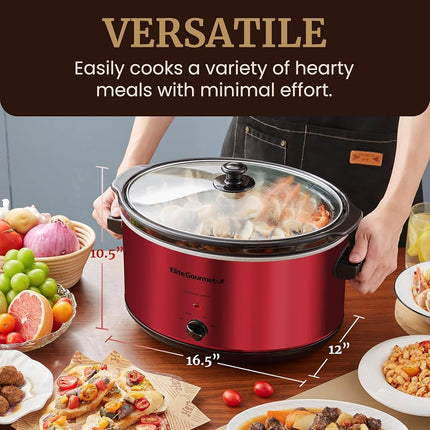 Olla de cocción lenta eléctrica de cerámica extragrande Elite Gourmet MST-900RXT#, temperatura ajustable, para platos principales, salsas, guisos y dips, tapa y olla de cerámica aptas para lavavajillas, 8.5 cuartos de galón, roja