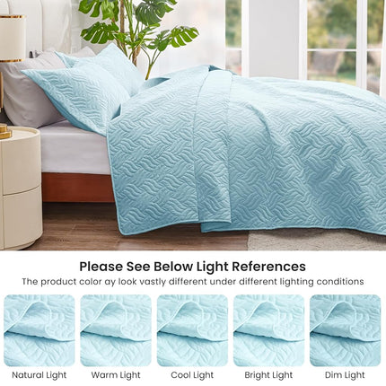 Love's cabin Twin Quilt Set Light Blue Bedspreads - Soft Bed Summer Lightweight Bedspread Comforter - Modern Style Wave Pattern Coverlet for All Season - 2 Pieces (1 Quilt, 1 Pillow Sham)