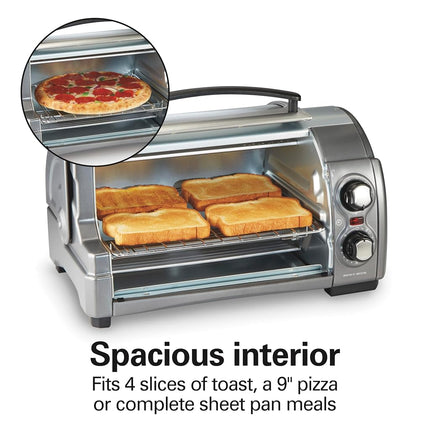 Four grille-pain Hamilton Beach Easy Reach 4 tranches avec porte roulante, argent, four de comptoir 1200W, cuisson, gril et rôtissoire, convient à une pizza de 23 cm, 31344DA