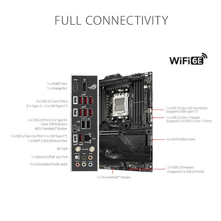 ASUS ROG Strix X670E-F Gaming WiFi AMD Ryzen AM5 ATX motherboard, 16 + 2 power stages, DDR5 support, four M.2 slots with heatsinks, USB 3.2 Gen 2x2, PCIe 5.0, WiFi 6E, AI Cooling II, and Aura Sync