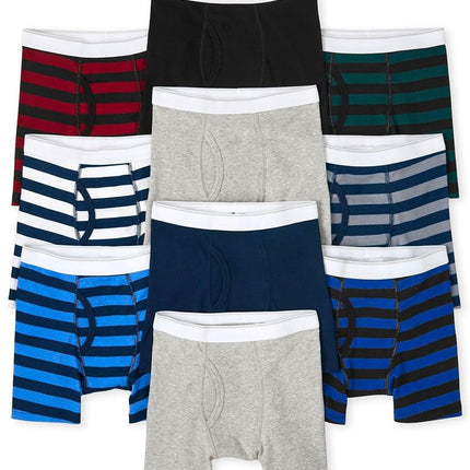 The Children's Place Boys' Cotton Boxer Briefs Underwear Variety 10-Pack, Solids/Stripes, Medium