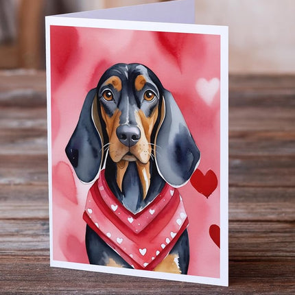 Caroline's Treasures DAC5289GCA7P Coonhound Negro y Canela Mi San Valentín Paquete de 8 Tarjetas de Felicitación en Blanco con Sobres, Tamaño A7 5x7, Tarjetas de Notas en Blanco Caprichosas