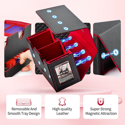 UAONO Card Deck Box for MTG, Double Card Storage Box with 2 Commander Display & 1 Dice Tray, Fits 200+ Double Sleeved Cards, Card Organizer for CCG TCG Sports Cards (Black Red)