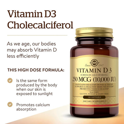 Solgar Vitamin D3 Cholecalciferol 250 MCG 10000 IU Softgels Helps Maintain Healthy Bones Teeth Immune System Support Non GMO Gluten Free Dairy Free Servings, 180 Count