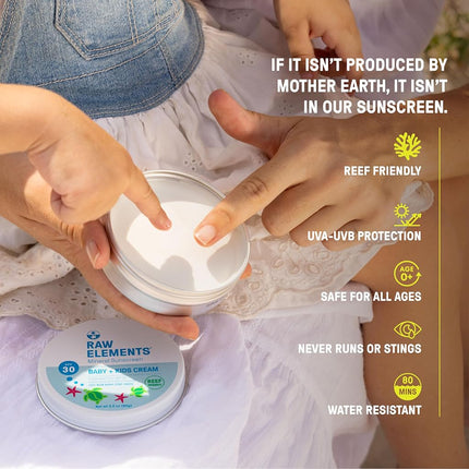 Raw Elements Baby + Kids SPF 30 Organic Sunscreen Lotion Non-Nano Zinc Oxide, Reef-Safe, Cruelty-Free, Gentle and Moisturizing, Zero Waste Tin, 3oz