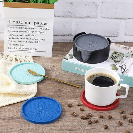 ME.Fan Silicone Coasters [6 Pack] Coasters with Holder - Drinking Coasters - Cup Mat for Drinks - Live for Hot or Cold Drink Thickened, Non-Slip, Non-Stick, Deep Tray Navy Blue