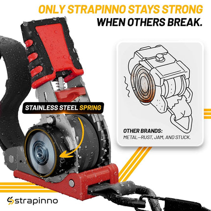 Strapinno Retractable Ratchet Straps (4-Pack), 2.5 cm x 3 m, 680KG Break Strength, Most Durable Straps and Core, Auto Self Retracting Tie Downs for Truck, Moving, Motorcycle, Bike, Jetski, Kayak