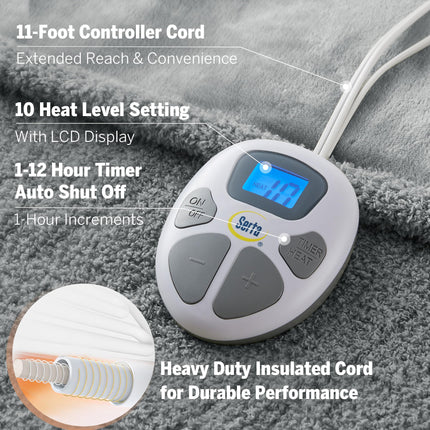 Serta Heated Blanket, Electric Twin Size Blanket, Soft, Warm, Fuzzy Heating Blanket Twin for Office, Couch, 1-12 hr Auto Shut Off Timer, 10 Lv Heat Setting, ETL Certified, Twin 62" x 84" Grey