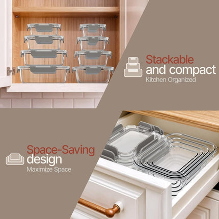 Récipients de Conservation Alimentaire en Verre Borosilicate Gris avec Couvercles 16 Pièces, Qualité Alimentaire, Sans BPA, Empilables, pour Déjeuner et Restes, Adaptés au Micro-ondes, Congélateur et Lave-vaisselle, Hermétiques et Anti-fuite