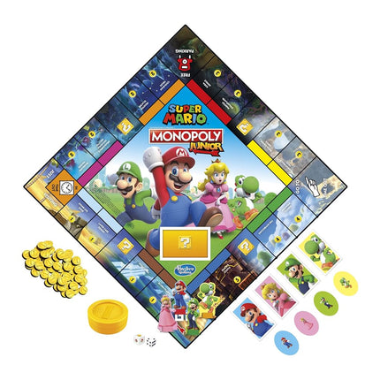 MONOPOLY Junior Super Mario Edition Board Game, Fun Kids' Game Ages 5 and Up, Explore The Mushroom Kingdom as Mario, Peach, Yoshi, or Luigi