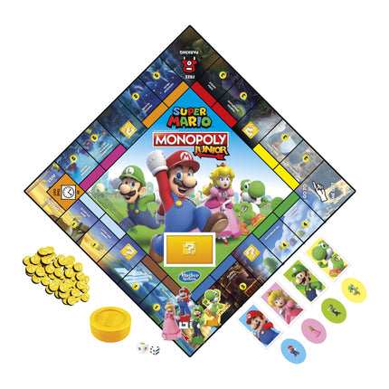 MONOPOLY Junior Super Mario Edition Board Game, Fun Kids' Game Ages 5 and Up, Explore The Mushroom Kingdom as Mario, Peach, Yoshi, or Luigi
