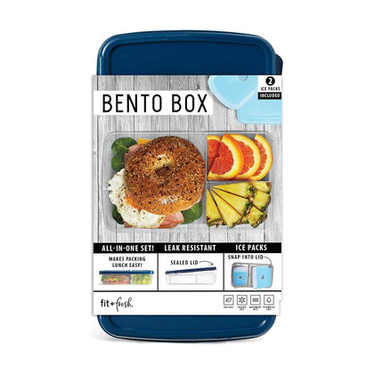 Caja bento LOTG de Fit + Fresh, fiambrera de tres compartimentos que incluye 2 bolsas de hielo delgadas, reutilizable y a prueba de fugas, perfecta para bolsas de almuerzo térmicas, fiambreras y más, azul marino
