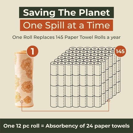 EcoPledge Reusable Paper Towels Washable Roll - Thick 12-pc Two Layered Ultra Absorbent Paperless Certified Organic Cotton Towels - Large Cloth Kitchen Paper Towel with Hanging Loop