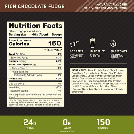 OPTIMUM NUTRITION Gold Standard 100% Plant Protein Rich Chocolate Fudge, 800g, 20 Serve