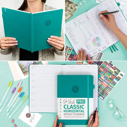 GoGirl Planner PRO - Undated Horizontal Layout Weekly Planner and Organizer + Budgeting and Expense Tracking Pages, Goals Journal & Agenda, 18 x 25.5cm, Hardcover, Lasts 1 Year - Turquoise