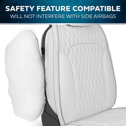 MotorBox Fundas de asiento – Edición DiamondLux Protectores de asiento de piel sintética premium blancos – Accesorios automotrices acolchados con doble costura en forma de cruz para camiones, todoterrenos, coches – Juego de asientos delanteros