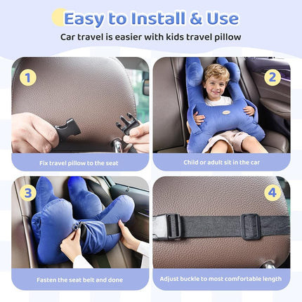 FLORICH Almohada de viaje para niños, almohada de viaje para dormir en coche para niños, almohada lavable en forma de H para adultos y niños para apoyar la cabeza y el cuerpo en viajes por carretera (azul)