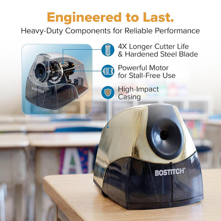 Bostitch Personal Electric Pencil Sharpener, Powerful Stall-Free Motor, High Capacity Shavings Tray, Gold Chrome