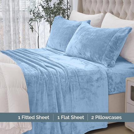 Elegant Comfort Luxuriously Soft 4-Piece Velvet Plush Flannel Sheet Set - Premium Quality - Cozy Warm, Anti-Static, Non Pilling Fuzzy Velvet Flannel Fleece Deep Pocket Sheet Set - Twin XL, Denim Blue