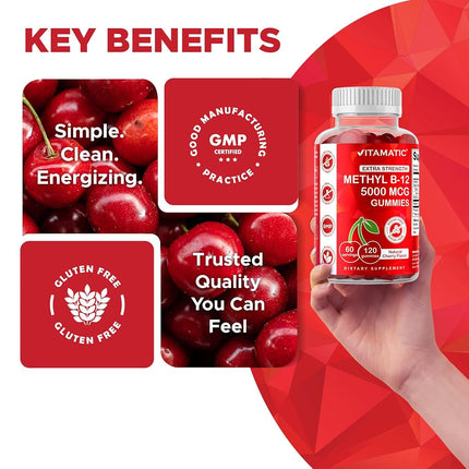 Vitamatic Extra Strength Vitamin B12 5000 mcg (Methyl B12) Gummies - 120 Count - Natural Cherry Flavored