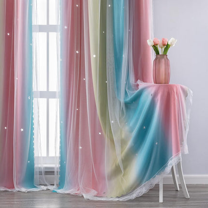 XiDi Curtains for Bedroom Decor, Rainbow Pink-Blue-52-54