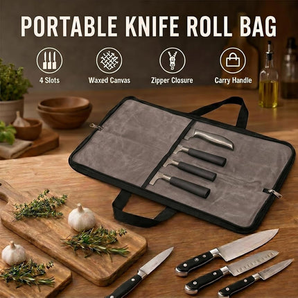 QEES Knife Roll,Heavy Duty Knife Bag,Waxed Canvas knife Case with 4 Slots For Knives & Kitchen Tools,Chef Knife Bag With Handle.Portable Knife Roll Bag For Chefs Culinary Traveling.Knives Pouch
