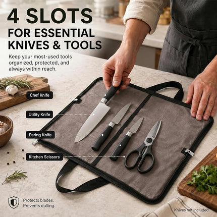 QEES Knife Roll,Heavy Duty Knife Bag,Waxed Canvas knife Case with 4 Slots For Knives & Kitchen Tools,Chef Knife Bag With Handle.Portable Knife Roll Bag For Chefs Culinary Traveling.Knives Pouch
