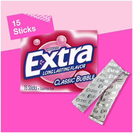Chicle sin azúcar Wrigley's Extra Classic Bubble, paquete de 15 unidades, caja de 10 paquetes