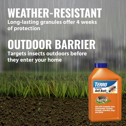 TERRO T2600 Perimeter Ant Bait Plus - Outdoor Ant Bait and Killer - Attracts and Kills Ants, Carpenter Ants, Roaches, Crickets, Earwigs, Silverfish, Slugs and Snails - 2 Pack, 4Lbs