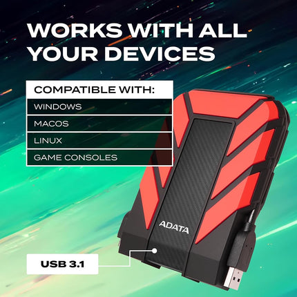 ADATA HD710 Pro 1TB HDD, USB 3.1, IP68 Waterproof/Shockproof/Dustproof Ruggedized External Hard Drive, Red (AHD710P-1TU31-CRD)